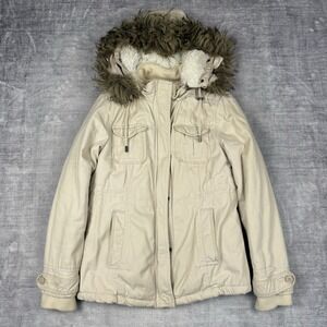 Aeropostale Jacket Womens Medium White Faux Fur Hood Y2K Sherpa Lined Preppy